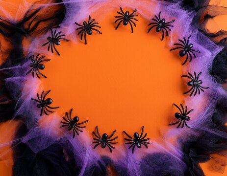 Top view of halloween tie and dye black, purple and orange background with purple spiders and lateral copy space