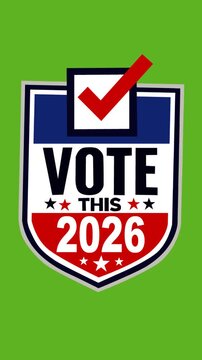 Animated voting campaign footage featuring a bold Vote 2026 badge, red checkmark, stars, and clean green background