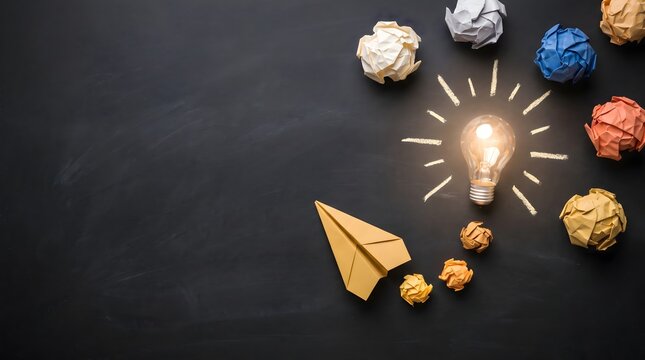 Light bulb idea with crumpled paper balls and paper airplane on chalkboard