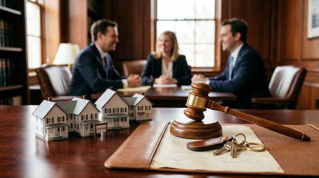 Real Estate Law: Lawyers & Miniature Houses with Gavel and Keys