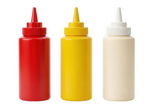 Three colorful plastic squeeze bottles for ketchup mustard and mayonnaise condiments isolated on transparent background