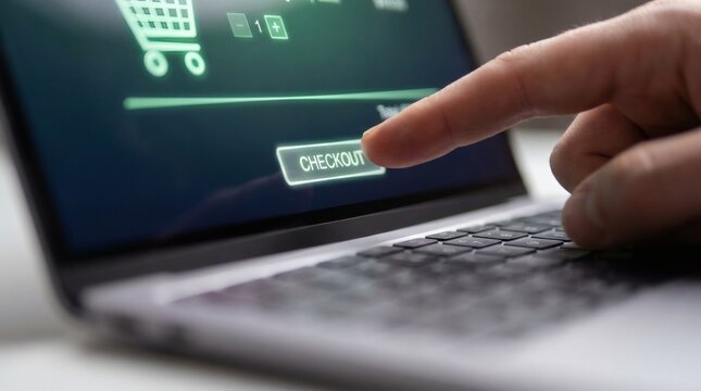 Close up of a finger pressing the checkout button on a laptop screen for online shopping