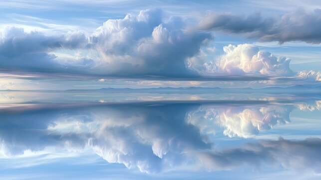 Digital painting of a cloudy sky over a body of water. the sky is a light blue color with a few white clouds scattered across it.