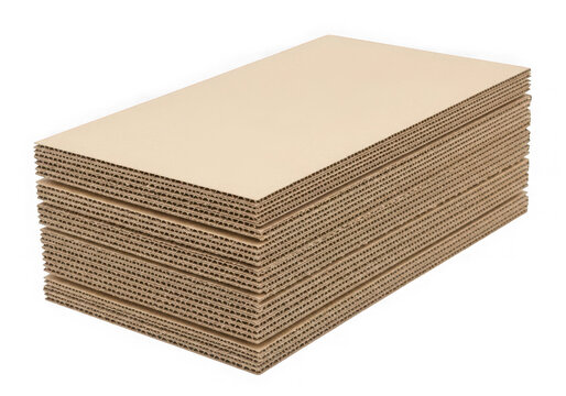 Stack of brown corrugated cardboard sheets for packaging and industrial shipping use isolated on transparent background