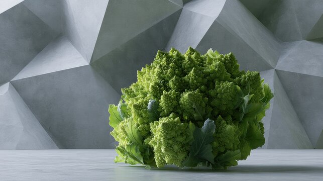 3d rendering of a large head of green cauliflower on a white surface. the cauliflower is in the center of the image, with its head facing towards the left side of the frame.