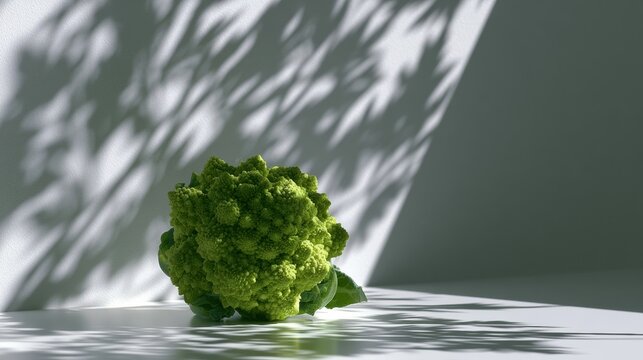 Single head of green cauliflower on a white surface. the cauliflower is in the center of the image, with its head facing towards the left side of the frame.