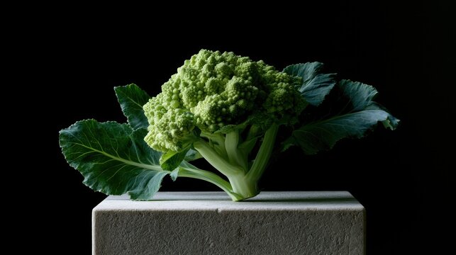 Close-up of a head of broccoli on a gray concrete block. the broccoli is in the center of the image, with its head facing towards the left side of the frame.