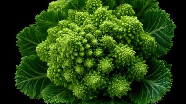 Close-up of a head of green broccoli. the broccoli is in full bloom and has large, oval-shaped leaves that are arranged in a fan-like pattern.