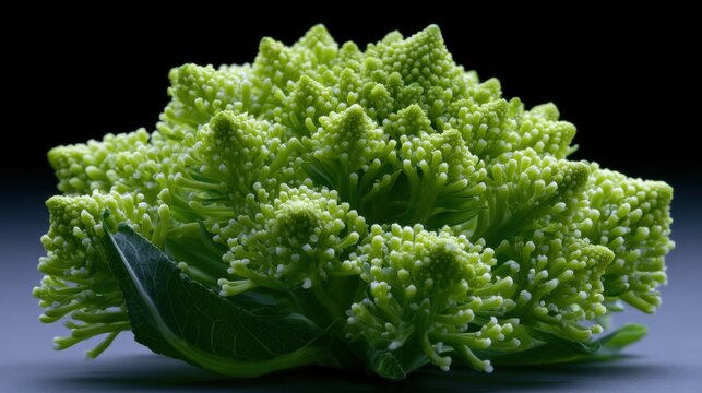 Close-up of a head of broccoli. the broccoli is bright green in color and has small, oval-shaped flowers that are arranged in a cluster.