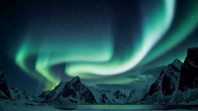 Northern Lights Dancing over Snow Capped Mountains at Night in Cinematic Wide Shot