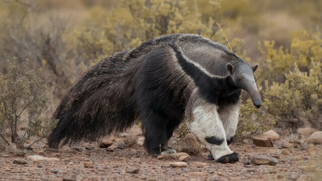 "Giant anteater walking on dry rocky terrain with bushy tail long snout distinctive markings wildlife scene, flat vector illustration"