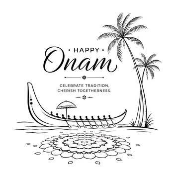 Happy onam artistic sketch with traditional snake boat palm trees and floral pattern festival illustration tradition celebration monochrome heritage background