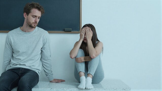 A man looks down as a woman cries on stairs, emotional tension palpable.