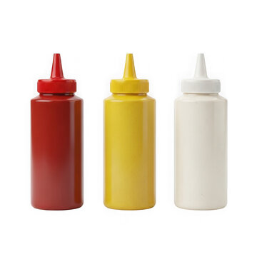 Three plastic squeeze bottles with red yellow and white condiments for food service isolated on transparent background