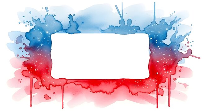 Abstract square frame with vibrant red and blue watercolor paint splashes and drips on white background