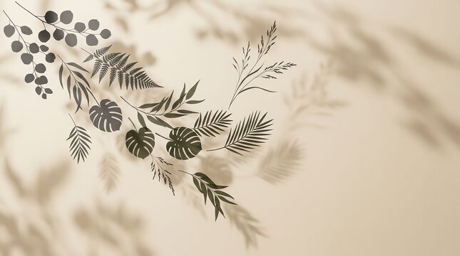 Abstract floral shadow overlay with pine cones and evergreen branches on a beige textured wall background