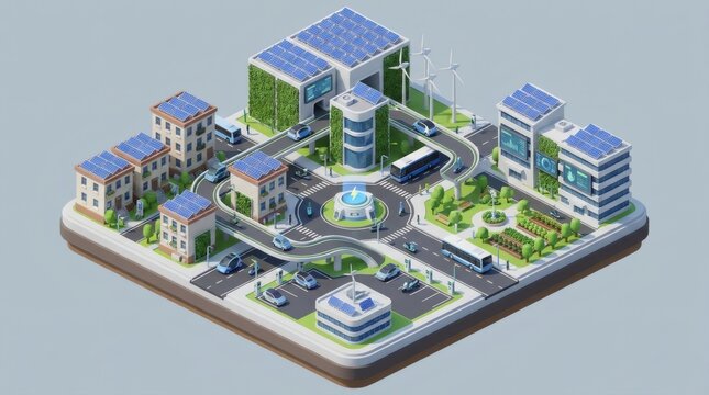 Isometric green city model with solar panels and electric vehicles. Sustainable urban planning and eco-friendly smart city infrastructure.