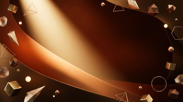 Abstract dark brown background with floating geometric shapes and soft golden light rays for luxury product presentation