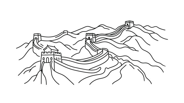 Minimalist black and white line art illustration of the Great Wall of China winding across mountain ridges with watchtowers, simple vector icon style on white background.