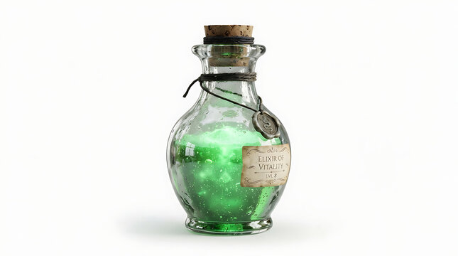 A magical glass bottle filled with glowing green liquid and a vintage paper label on white background