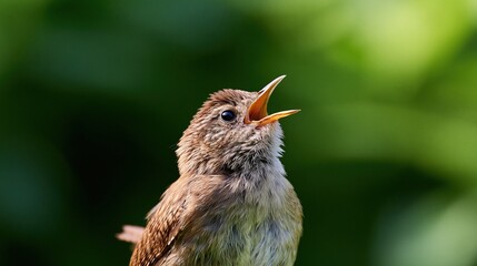 Obraz premium Brown wren bird singing with open beak in nature