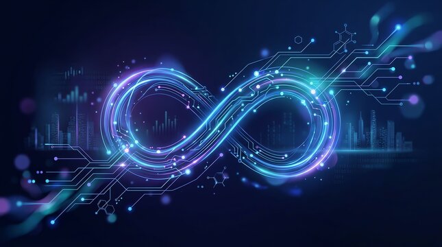 Glowing digital infinity symbol formed by circuit board lines representing continuous technology and endless data connectivity