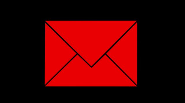 System warning a glowing red envelope warning icon in black background, email scam victim awareness concept, motion graphics 