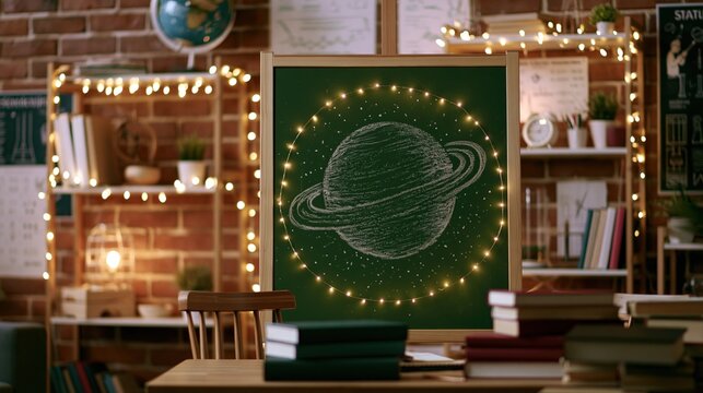 Chalk drawing of Saturn planet with rings on green chalkboard in cozy science classroom studio lit by warm string lights and shelves filled with books. Stock photo