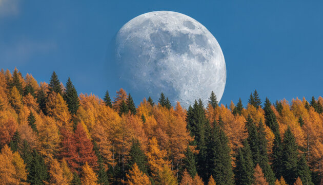 Large Full Moon Rising Over Autumn Forest with Orange Larch Trees and Blue Sky
