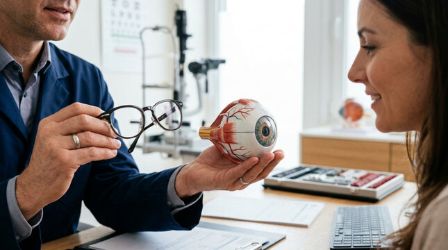 Ophthalmologist Explains Eye Anatomy with Model to Patient