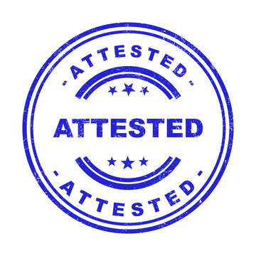 Blue ink rubber stamp with the word attested in a round circle shape for official documents isolated on transparent background