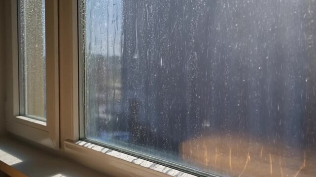 Close up of a dirty smudged windowpane with condensation drops sunlight streaming through showing a blurred outdoor view