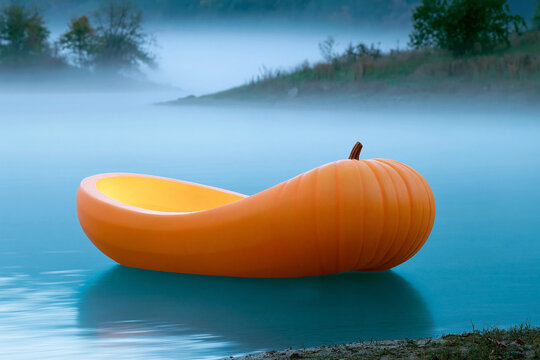 Pumpkin regatta. Large orange pumpkin-shaped boat floating on a misty lake surrounded by trees and a tranquil landscape during early morning light