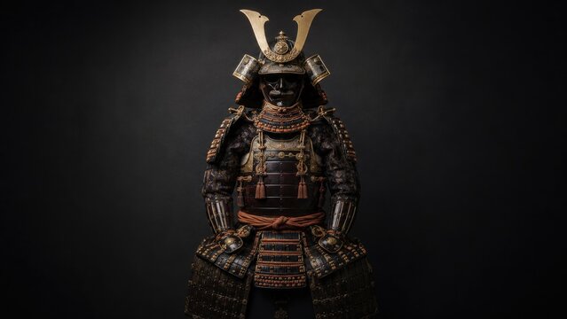 Ornate traditional Japanese samurai armor with kabuto helmet and menpo mask displayed against a dark, dramatic background