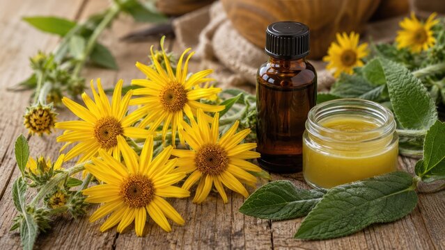 Bright yellow arnica flowers with amber oil bottle and a jar of herbal balm on rustic wood