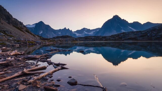 Serene Mountain Lake Reflection at Dawn &ndash; Majestic Peaks and Calm Water Landscape Photography for Nature Stock