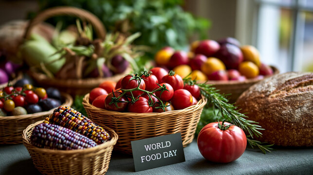 Assorted fresh vegetables and fruits displayed in woven baskets for World Food Day celebration, with a rustic loaf of bread on a green tablecloth
