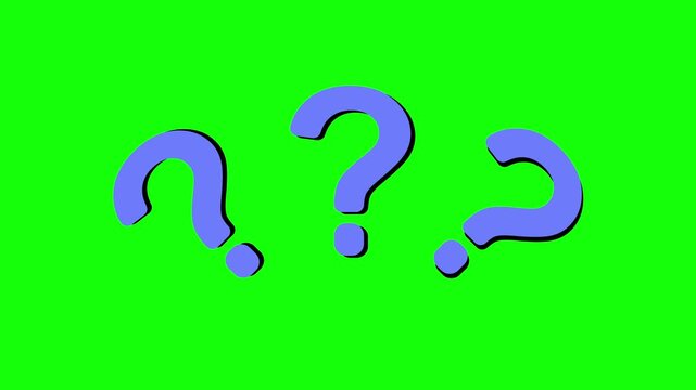 Animation of three blue question marks on a green key chroma background