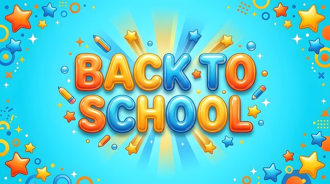 Colorful back to school text design with pencils and stars on a bright blue background illustration