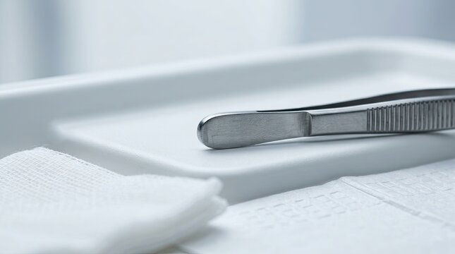 Medical Tweezers and Gauze on Tray - Healthcare and Surgery Concept