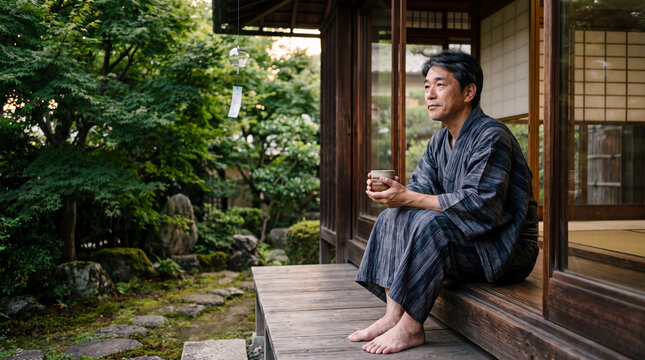 和風の縁側で湯のみを手に庭を眺める中年男性 | 和の余白