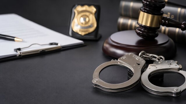 Handcuffs, judge gavel, police badge and legal books arranged with clipboard and pen, symbolizing arrest, courtroom procedures and the criminal justice system