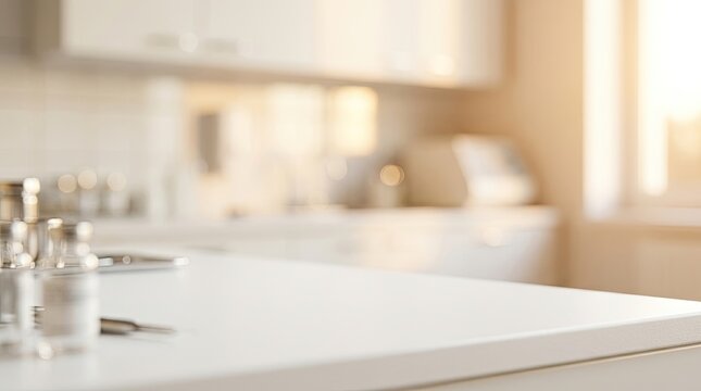 Bright and Clean Blurred Kitchen Background with White Countertop for Copy Space