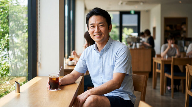 自然光のカフェでアイスコーヒーを楽しむ中年男性 | 窓辺の光
