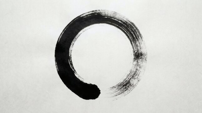 Traditional Japanese Enso Zen circle hand drawn with black ink brush on white paper background, symbol of enlightenment