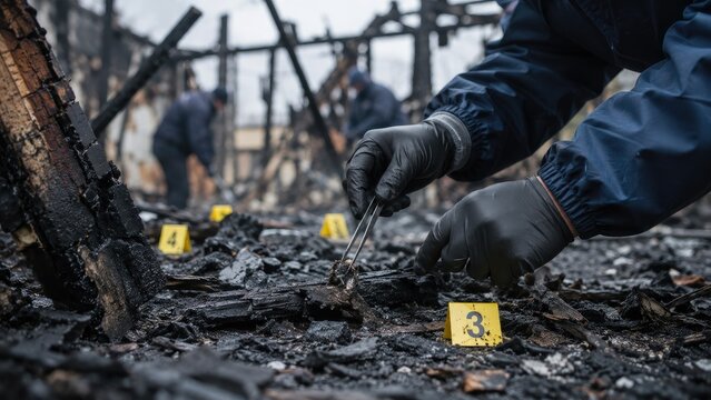 Forensic investigators collect evidence from charred building rubble at a fire scene with numbered evidence markers visible