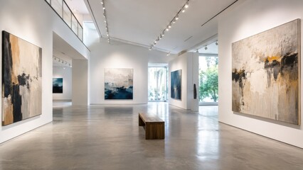 Fototapeta premium Bright contemporary art gallery interior with large abstract paintings, white walls, polished concrete floor and a central wooden bench
