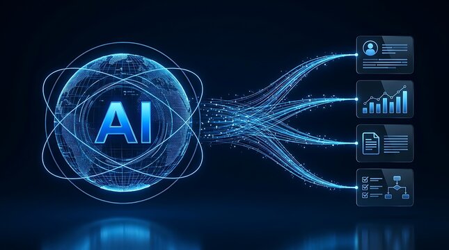 Artificial intelligence network with glowing connections transmitting data to user profile charts and documents for future technology concepts.