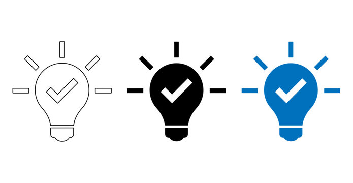 Success and innovation icons featuring a glowing light bulb with a check mark in three variations