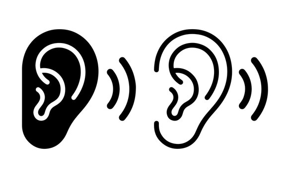 Human ear icons representing hearing and sound, flat vector illustration in black and white style